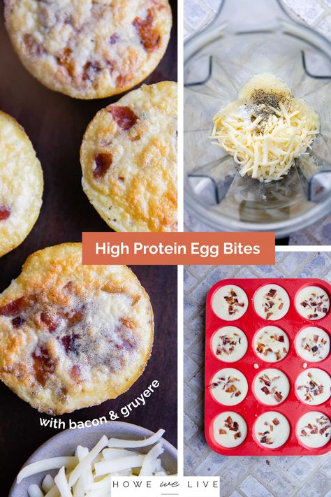 Start your busy mornings right with Bacon Egg Bites – high in protein, bursting with flavor, and made with just 5 simple ingredients! These delectable bites are a smart and healthy breakfast choice, offering a light and fluffy texture that's a game-changer for hectic mornings. This revamped recipe takes my fool-proof egg white bites to new heights, with a gruyere cheese mix and a touch of savory bacon. This Starbucks-inspired creation is affordable, easy to make, and irresistibly fluffy. Ham And Cheese Egg White Bites, Protein Egg Bites, Bacon Egg Bites, Muffin Pan Eggs, Egg White Bites, Oatmeal And Eggs, Savory Bacon, Healthy Breakfast Choices, Cottage Cheese Eggs