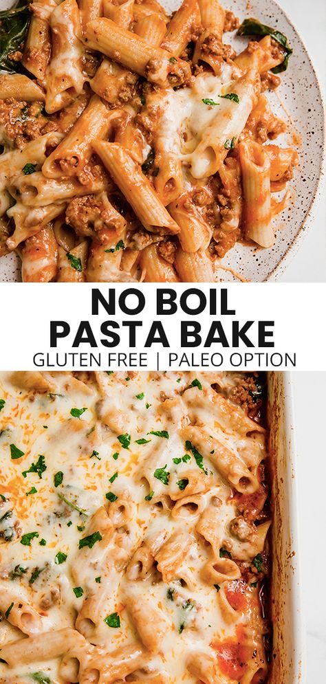 This no-boil pasta bake is weeknight magic! It's made with gluten-free pasta, ground beef, spinach, and requires zero boiling. No Boil Pasta Bake, Ground Beef Spinach, No Boil Pasta, Gluten Free Pasta Dishes, Pasta Ground Beef, Gluten Free Casserole, Unbound Wellness, Gluten Free Dinner Easy, Dairy Free Pasta