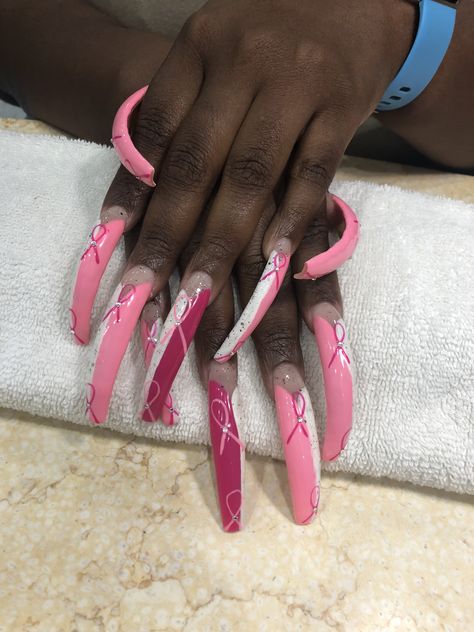 Breast Awareness Nails, October Breast Awareness Nails, Nail Ideas For Cancers, October Breast Awareness Month Nails, Breastcancerawareness Nail, Long Nail Designs, Dope Nail Designs, Pink Acrylic Nails, Coffin Nails Designs