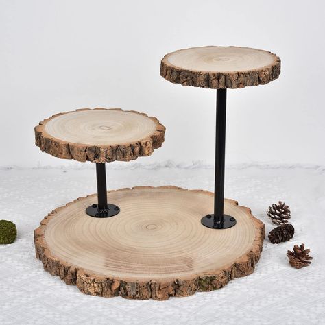 PRICES MAY VARY. Quantity: 3-Tier Cake Stand + 1 Bag of Tools Material: Metal And Wood Wood Slice Color: Natural Metal Pole Color: Black Style: 3-Tier Wooden Cake and Cupcake Stand Overall Size: 13.75"H x 21"L Total Wood Slices: 3 Small Wood Slice: 8.5" Dia. Medium Wood Slice: 9.75" Dia. Large Wood Slice: 17" Dia. Thickness of each Wood Slice: 1" Total Poles: 2 Short Pole Size: 6" L x 3"W Long Pole Size: 11.75"L x 3" W Bag of Tools Content: 13x Nails (1x Nail is EXTRA) 1x Screw Driver Assemb PRE Wooden Cupcake Stands, Rustic Cupcake Stands, Wooden Cake Stand, Large Wood Slices, Rustic Cupcakes, Wooden Cake Stands, Wood Cake Stand, Large Cupcake, Cake And Cupcake Stand