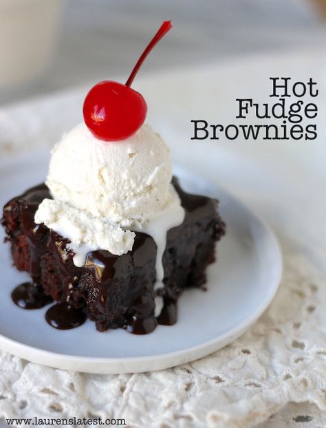 Hot Fudge Brownies Lazy Buckeye Brownies, Big Man’s World Brownies, Hot Fudge Brownies, Decadent Brownies, Hot Fudge Brownie Sundae, Mcdonald’s Hot Fudge Sundae, Brownie Sundae, Brownie Ice Cream, Fudge Brownie