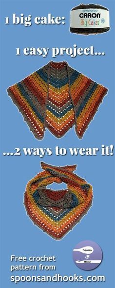 You need only a single Caron Big Cake to create this versatile shawl scarf using elementary crochet stitches. Granny Shawl, Shawl Scarf Pattern, Crochet Scarf Patterns, Crochet Prayer Shawls, Big Cake, Caron Cakes, Scarf Ideas, شال كروشيه, Scarf Patterns