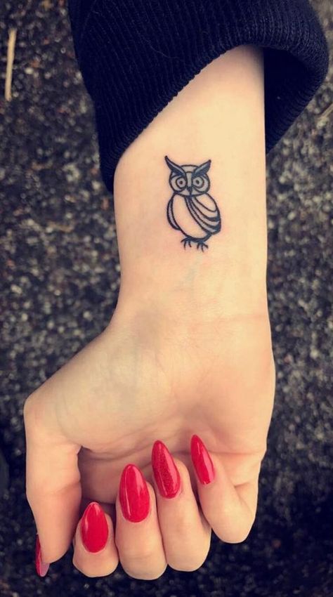 Owl tattoo Owl Tatoos, Tiny Owl Tattoo, Tattoo Sisters, Simple Owl Tattoo, Baby Owl Tattoos, Tattoos Owl, Colorful Owl Tattoo, Owl Tattoo Meaning, Owl Tattoo Sleeve