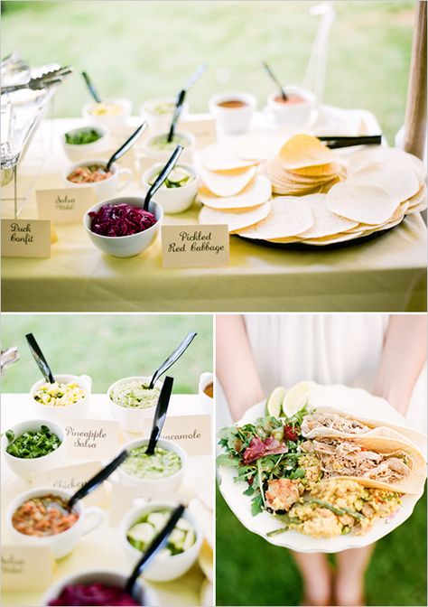 Taco bar - think outside the box with this crowd pleasing menu Fancy Taco Bar, Ideas Para Catering, Backyard Wedding Bar, Taco Bar Wedding, Backyard Wedding Food, Diy Wedding Food, Gourmet Tacos, Wedding Food Stations, Wedding Backyard Reception