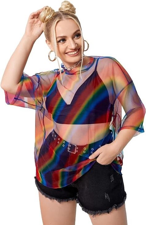 Pride Outfit Ideas, Harry Styles Outfit, Outfits 70s, Tie Dye Blouse, Sheer Mesh Top, Rainbow Outfit, Mesh Blouse, Pride Outfit, Plus Size Maxi Dresses