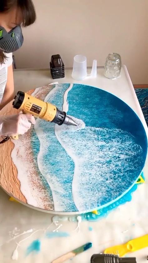 Ocean Resin Art Tutorial, Epoxy Resin Art Ideas, Resin Art Canvas, Epoxy Resin Projects, Seni Resin, Resin And Wood Diy, Resin Paint, Resin Crafts Tutorial, Large Canvas Painting