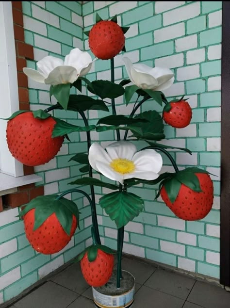 Giant Food Decor, Rain Decor, Paper Mache Flowers, Giant Strawberry, Vbs 2025, Strawberry Festival, Bulletin Boards Classroom Decor, Vbs Themes, Berry First Birthday