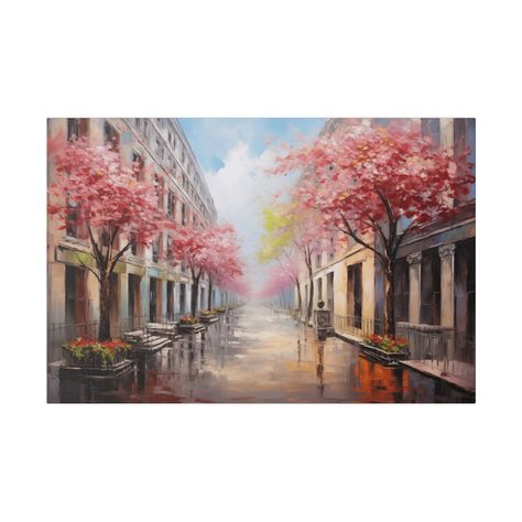 Experience the beauty of spring with our Spring Cherry Blossoms in the City Oil Painting Canvas Print. Featuring delicate cherry blossoms in full bloom against the urban city backdrop, this piece adds a touch of elegance and nature to any space. Made with high-quality canvas and oil paints, it's a stunning addition to your home decor. #wallart #wallartist #wallartdecor #wallartdecoration #CanvasArt #canvasartwork #CanvasPrints #canvaspaintings #springdecor #springdecorideas #springdecorating... Spring Cherry Blossoms, City Backdrop, Oil Painting Canvas, Paintings I Love, Urban City, In Full Bloom, Oil Paints, Painting Canvas, The Urban