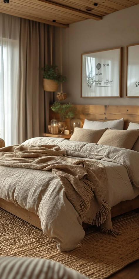 Tan Bedroom Ideas Neutral Tones Cozy, Small Contemporary Bedroom Ideas, Earthy Bedding Ideas, Neutral Cozy Home Decor, Brown Earthy Bedroom, Warm Brown Bedroom Ideas, Warm Home Aesthetic Bedroom, Brown Cozy Bedroom, Neutral Warm Bedroom