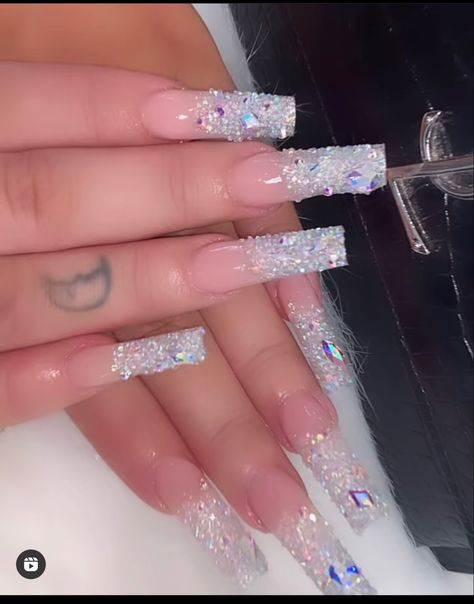 Bling Ombre Acrylic Nails, Bling Tip Nails, Silver Prom Nails Acrylic Bling, Long Sparkly Nails, Ombre Bling Nails, 21 Bday Nails, Sweet Sixteen Nails, Silver Bling Nails, Birthday Glam Nails