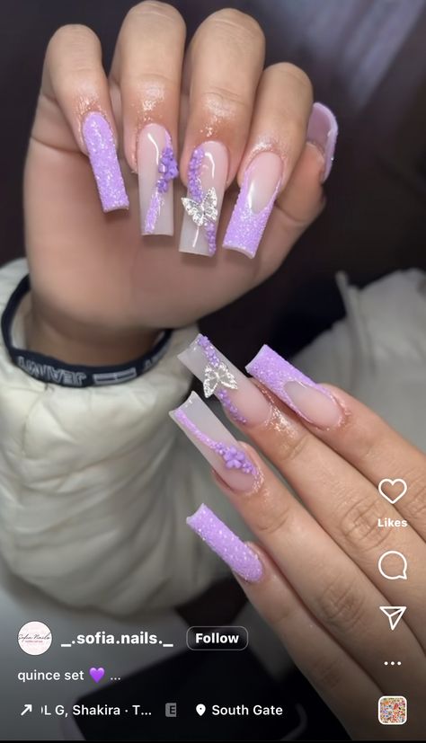 Lilac Nails Medium Length, Purple Birthday Nails, Purple Prom Nails, Purple And Silver Nails, Silver Acrylic Nails, Quince Nails, Mexican Quinceanera, Quinceanera Nails, Quinceañera Ideas