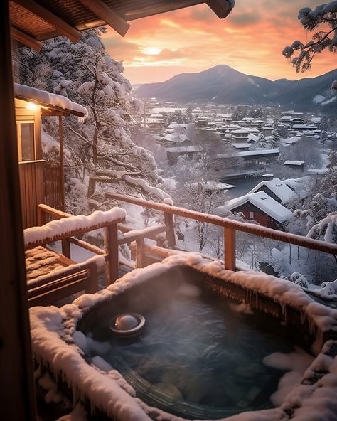 A private onsen has a view of the snow-covered traditional Japanese village. This is an architectural AI artwork designed with Midjourney. Inn Minecraft, Outdoor Onsen, Snow In Japanese, Private Onsen, Japanese Inn, Japanese Bath House, Dr Mundo, Hot Spring Bath, Japanese Winter