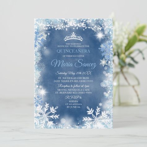 Elegant White Blue Winter Quinceanera Invite Quinceanera Winter Wonderland Theme, Winter Blues Party, Quince Planner, Navy Quince, Christmas Quinceanera, Winter Wonderland Wedding Reception, Winter Wonderland Dance, Winter Wonderland Quince, Quinceanera Winter Wonderland