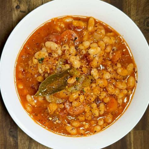 Fasolada Recipe (Greek Bean Soup) - Nikolopaa Soup With Vegetables, Soup Maker Recipes, Soup Maker, Greek Dishes, Mediterranean Cuisine, Sauteed Vegetables, European Food, Crushed Tomatoes, Recipe Images