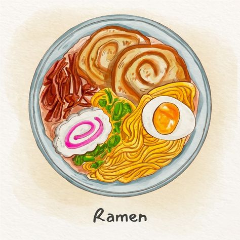 Japan Food Drawing, Ramen Character, Chinese Food Drawing, Food Illustration Art Graphics, Manga Eating, Japanese Food Drawing, Noodles Drawing, Drawing Sky, Japan Watercolor