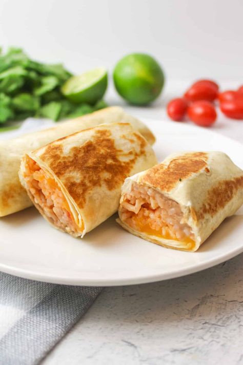 Cheesy Bean and Rice Burritos - BeeyondCereal Cheesy Bean And Rice Burrito, Bean And Rice Burrito, Salsa Rice, Rice Burrito, Bean And Cheese Burrito, Freeze Beans, Bean And Rice, Cheese Rice, Southern Recipes Soul Food