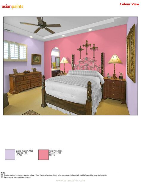 For master bed room customer like pink and purple combination so i gave this color combination gives rich and classic look to the wall and entire room  Dark wall:8087-Wild Pink Lighter Wall: 7162-Quartz Illusion Wall Paint Colour Combination, Featured Wall, Exterior Paint Color Combinations, Exterior Color Combinations, Modern Classic Living Room, Room For Kids, Room Color Combination, Color Combinations Home, Wall Color Combination