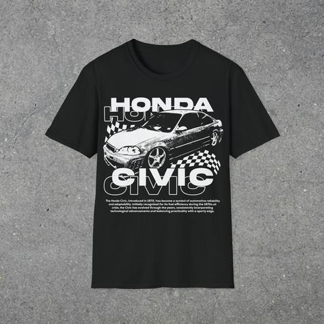 Introducing the ultimate t-shirt for any Honda Civic enthusiast - The Civic T-Shirt! Crafted from high-quality, soft cotton, this t-shirt is both comfortable and durable. The classic black color provides a clean canvas for the iconic Honda Civic design that adorns the front  of the shirt, showcasing the legendary car. The graphic design features the iconic Honda civic in all its glory -  making it a must-have for any classic car collector or jdm enthusiast. Perfect for any occasion, whether it's Car T Shirt Design, Car Meet, Cars Tees, Car T Shirt, Acura Rsx, Car Shirts, Design Tshirt, Retro Men, Car Guys