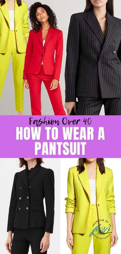 The options for women’s pantsuits are better than ever, so right now is  definitely the time to check the choices if you’re in the market for a  new suit or two. Here’s how to wear a pantsuit when you’re over 40. Women’s Pant Suits, Pantsuits For Women Casual, Pantsuits For Women Business, Women Pants Suits, Realistic Fashion, Business Professional Attire, Pant Suits For Women, Dress Pant Suit, Art Outfits