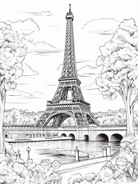 Eiffel Tower Drawing Sketches, Paris Sketch Pencil, Paris Drawing Sketches, Eiffel Tower Sketch, Painting Eiffel Tower, Paris Sketch, Tower Drawing, Coloring Aesthetic, Eiffel Tower Drawing