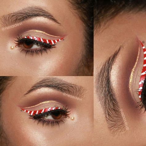 Cute Elf Makeup Looks Christmas, Dress Like A Candy Cane Day At School, Candy Cane Makeup Ideas, Candy Cane Eye Makeup, Candy Cane Hairstyle, Christmas Graphic Liner, Manic Makeup, Candy Cane Outfit, Christmas Elf Makeup