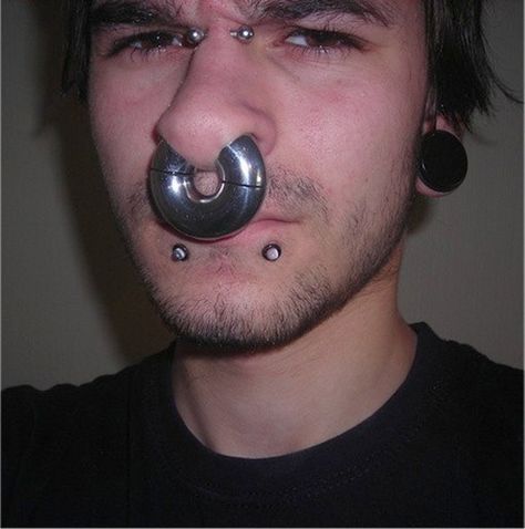 Male Piercings, Nose Bridge Piercing, Crazy Piercings, Nasallang Piercing, Stretched Septum, Jewelry Nose Rings, Men's Piercings, Bridge Piercing, Septum Piercings