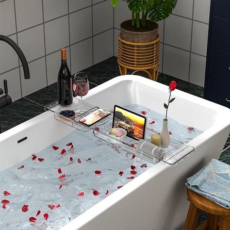 【Adjust Size】Our bathtub caddy tray for tub easily adjustable to your desired width expanding from 22.3"" to 31.8"". No specific tools required. 【Quality Material】This Unique bath tray table for tub made of the high quality acrylic,sturdy and built to last. 【Multifunctional Design】When you put your tablet/wine glass into our specially designed tablet/wine glass holder,they will not tip over. Bath Tub Tray, Home Relaxing, Tub Tray, Luxury Bathtub, Bathtub Caddy, Bathtub Bathroom, Bathtub Tray, Bath Tray, Bath Tubs