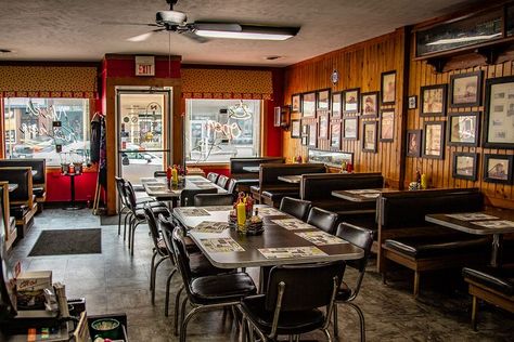 Small Town School Building, Small Restaurant Exterior, Retro Diner Exterior, Diner Exterior, Small Town Diner, Black Doves, Breaded Pork Tenderloin, Photography Prompts, Slasher Summer