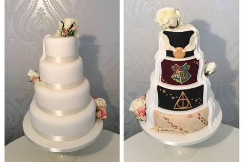 Buttercream Writing, Nerd Wedding Cake, Harry Potter Wedding Cake, Wedding Cake With Blue, Tort Harry Potter, Ombre Buttercream, Black Harry Potter, Nerd Wedding, Harry Potter Wedding Theme