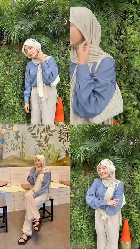 Outfit Ideas Muslim, Pengantin Modern, Ootd Ngampus, Outfit Ngampus, Blue Hijab, Ootd Korean Style, Ootd Poses, Outfit Hijab Casual, Outfit Korean Style