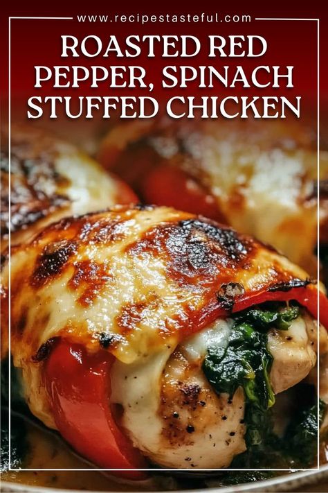 A flavorful and satisfying dish featuring tender chicken breasts stuffed with roasted red peppers, fresh spinach, and gooey mozzarella cheese. Perfect for a weeknight dinner or a special occasion. Chicken Roasted Red Peppers Spinach, Stuffed Chicken Breast With Roasted Red Peppers, Roasted Red Pepper Mozzarella Spinach Stuffed Chicken, Special Occasion Recipes Dinner, Chicken Breast And Spinach Recipes, Chicken With Roasted Red Peppers, Ricotta Stuffed Chicken Breast, Mozzarella Stuffed Chicken, Spinach And Mozzarella