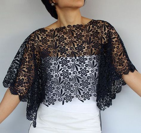 Blue Shrug, Women Blouses Fashion, Black Lace Top, Crochet Poncho, Designs For Dresses, Lace Fashion, Dress Sewing Patterns, Dark Navy Blue, Fashion Sewing