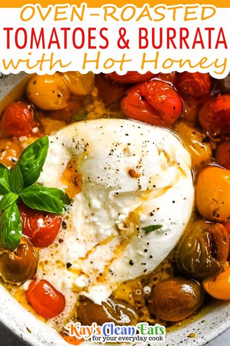 Honey Appetizers, Roasted Tomatoes Recipe, Tomatoes Burrata, Hot Honey Recipe, Burrata Recipe, Toasted Baguette, Tomatoes On Toast, Oven Roasted Tomatoes, Tomatoes Recipe