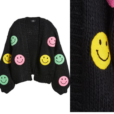 New Without Tag Boucl Smiley Faces Make Every Day A Happy (And Cozy) One When You're Wearing This Oversized, Hand-Knit Cardigan With Slouchy Dropped Shoulders. V-Neck Long Sleeves 100% Acrylic Hand Wash, Dry Flat Imported Smiley Face Clothing, Dressed In Lala, Smiley Face Shirt, Neon Outfits, Smiley Faces, Cute Preppy Outfits, Trending Products, Cute Fit, Cute Simple Outfits