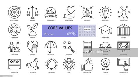 Stock Illustration : Vector set of core values icons with editable stroke. achievement, balance, compassion, community, creativity, curiosity, reliability, growth, honesty, influence, knowledge, leadership, teamwork Student Leadership, Leadership Activities, Leadership Qualities, Leadership Training, Educational Leadership, Leadership Quotes, Leadership Development, Leadership Skills, Core Values