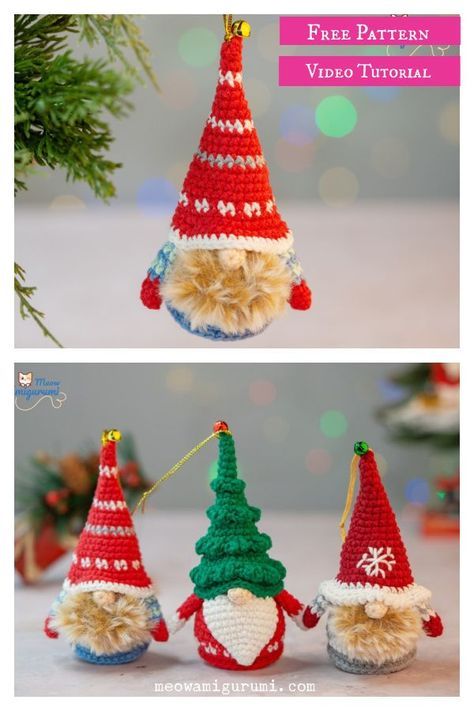 Mini Scandinavian Christmas Gnome Free Crochet Pattern and Video Tutorial Crochet Gnome Ornament Free Pattern, Crochet Holiday Gifts, Crochet Gnomes Pattern Free, Mini Gnomes, Gnome Christmas Tree, Crochet Ornament Patterns, Crochet Animals Free Patterns, Crochet Design Pattern, Crochet Ornaments