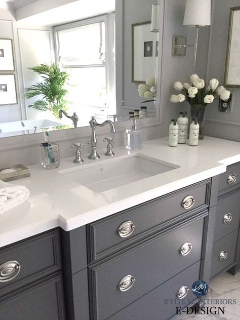 Benjamin Moore  City Shadow--The 6 Best Paint Colours for a Bathroom Vanity – Including White! Grey Bathroom Cabinets, Painted Vanity Bathroom, Painting Bathroom Cabinets, Black Paint Color, Painted Bathroom, Interior Simple, Grey Bathroom Vanity, Painted Vanity, Popular Paint Colors