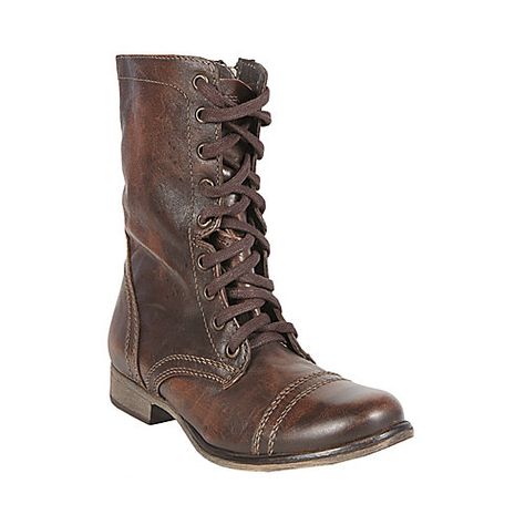 TROOPA BROWN LEATHER womens bootie flat lace up - Steve Madden Steve Madden Troopa Boots, Loin Recipes, Short Brown Boots, Slouch Jeans, Brown Combat Boots, Steve Madden Boots, Womens Combat Boots, Lace Up Combat Boots, 3 Shoes