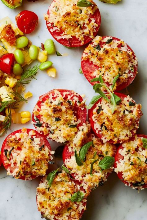 Tomato lovers, this side dish is for you! Top plum tomatoes with a combo of Parmesan cheese and bread crumbs to give the tomatoes deliciously crispy tops. #recipeideas #recipes #sidedish #tomatorecipe #bhg Tomato Side Dish Recipes, Tomato Side Dish, Tomato Side Dishes, Best Vegetable Recipes, Veggie Side Dish Recipes, Stuffed Tomatoes, Fresh Tomato Recipes, Veggie Fries, Vegetable Side Dishes Recipes