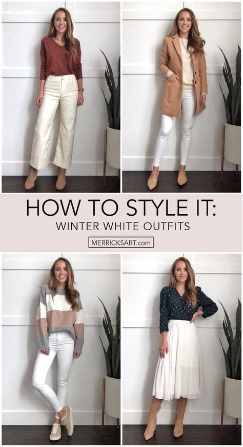 4 Ways To Wear It: Wearing White After Labor Day - Merrick's Art How To Style Off White Pants, Styling White Pants In Winter, Cute White Pants Outfit, Outfits With Off White Pants, White Pants Winter Outfit Casual, Off White Leather Pants Outfit, White Winter Pants Outfit, White Pants Winter Outfit Classy, White Pants Shoes