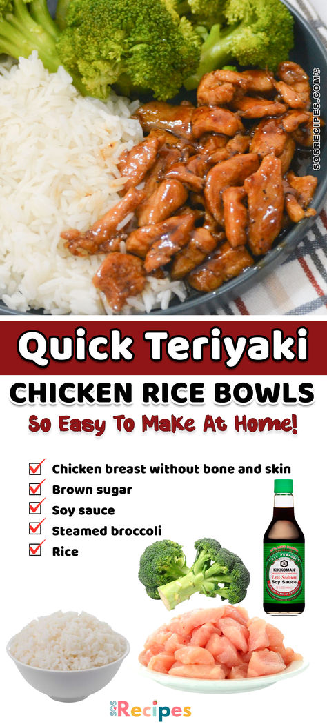 This simple and tasty 20-minute recipe of delicious rice plated with some broccoli and tender chicken full of garlicky goodness, made into these perfect Teriyaki Chicken Rice Bowls. With components you can easily find at home, put a twist on your dinner with an Asian touch. Rice Bowls Chicken, Quick Teriyaki Chicken, Riced Broccoli Recipes, Teriyaki Chicken Rice, Garlicky Chicken, Chicken Fried Rice Recipe Easy, Rice Bowls Healthy, Teriyaki Chicken Rice Bowl, Teriyaki Rice