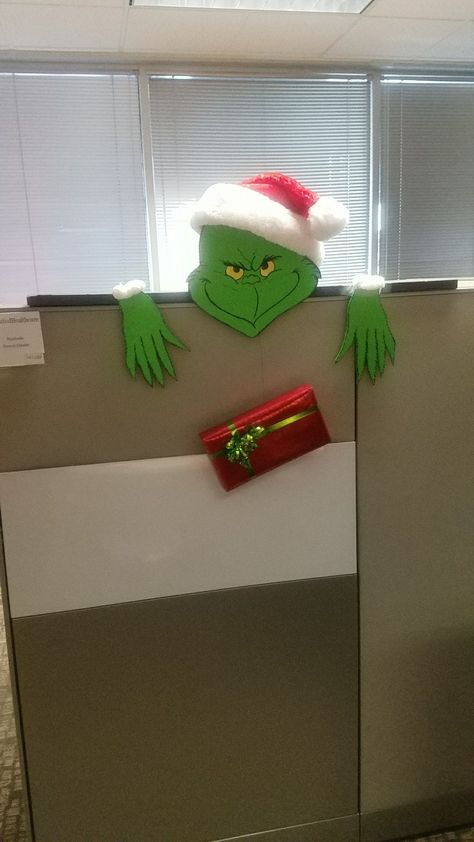 Grinch Christmas in a cubicle Office Christmas Decorations Grinch, The Grinch Office Decor, Grinch Office Cubicle Decorations, Grinch Christmas Decorations For Office, Grinch Themed Cubicle, Christmas Decorated Cubicle At Work, Grinch Theme Office Decorations, Christmas Theme Cubicle Ideas, Christmas Decorations For Office Cubicle