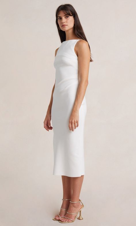 Tuck Dress, Australian Fashion Designers, Be Mine, Boat Neckline, Crepe Fabric, Midi Dresses, Boat Neck, Wedding Outfit, Dresses Online