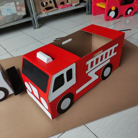 Cardboard Box Firetruck, Fire Truck Costume Cardboard Boxes, Fire Truck Cardboard Box Car, Diy Fire Truck Cardboard, Fire Truck Valentines Boxes, Cardboard Firetruck, Cardboard Fire Truck, Fire Engine Craft, Fire Truck Costume