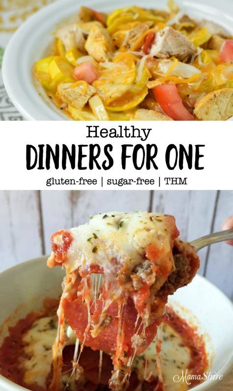 Healthy Dinners for One - Single serve dinners on plan with Trim Healthy Mama - Gluten-free, sugar-free, low-carb. Delicious and budget friendly. Healthy Dinner For One, College Recipes, Single Serve Meals, Easy Meals For One, Bariatric Food, Small Portions, Small Dishes, Dinner For One, Healthy Meals For One