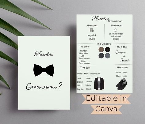 Groomsman info card | Groomsman template | Groomsman proposal card | Editable in Canva | customizable party info Here's the shop link etsy.com/listing/1434536143 Prom Hairstyles Diy, Groomsmen Dress, Groomsman Proposal Box, Groomsmen Invitation, Groomsman Proposal, Hairstyles Diy, Grooms Party, Dress Card, Groomsmen Proposal