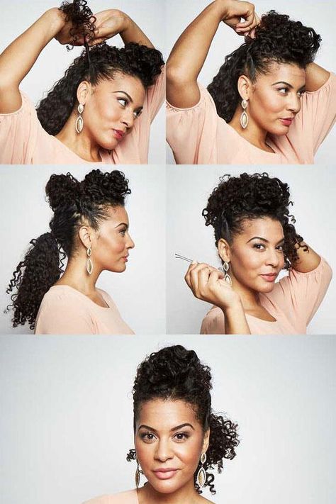 Half-Up Twisted Pompadour Cute Hairstyles For Curly Hair, Easy And Cute Hairstyles, Southern Hair, Smart Hairstyles, Half Bun Hairstyles, Curly Hair Up, Curly Hair Ponytail, Curly Bun Hairstyles, Biracial Hair