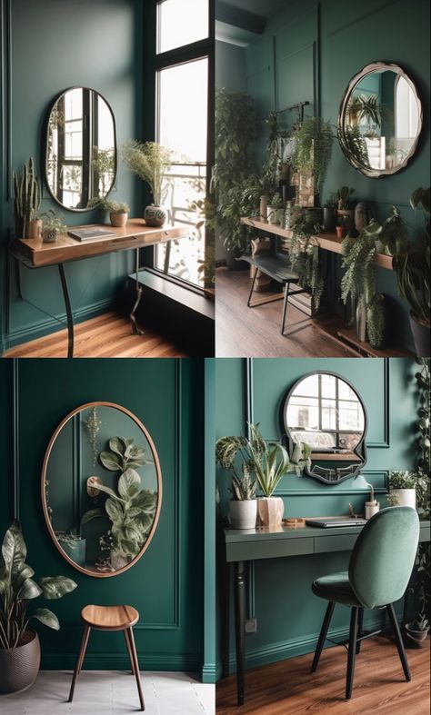 4 cute places to decorate with potted plants and a chair, in the style of studyplace, emerald and brown, mirror rooms, wood, y2k aesthetic, detailed Ikea Green Bedroom, Green Beauty Salon Interior Design, Emerald Green Entryway, Emerald Green Room Aesthetic, Green And Gold Office, Balcony Wallpaper, Salon Colors, K Aesthetic, Chic Balcony