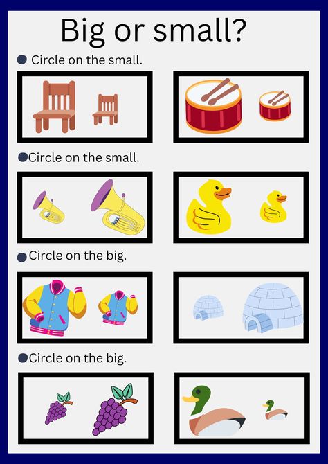 Ict Worksheets For Preschoolers, Big Vs Small Worksheet, Up Down Worksheet Preschool, English For Preschoolers Activities, Big And Small Activities Preschool Free Printable, Preschool Big And Small Activities, Same And Different Worksheets Preschool, One And Many Worksheet For Kindergarten, Big And Small Worksheets Kindergarten