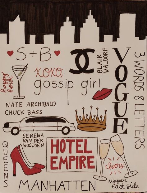 Cute Diy Posters, Gossip Girl Drawing, Girly Things To Draw, Gossip Girl Tattoo, Gossip Girl Art, Gossip Girl Party, Gossip Girl Aesthetic, Girl Drawing Easy, Nate Archibald